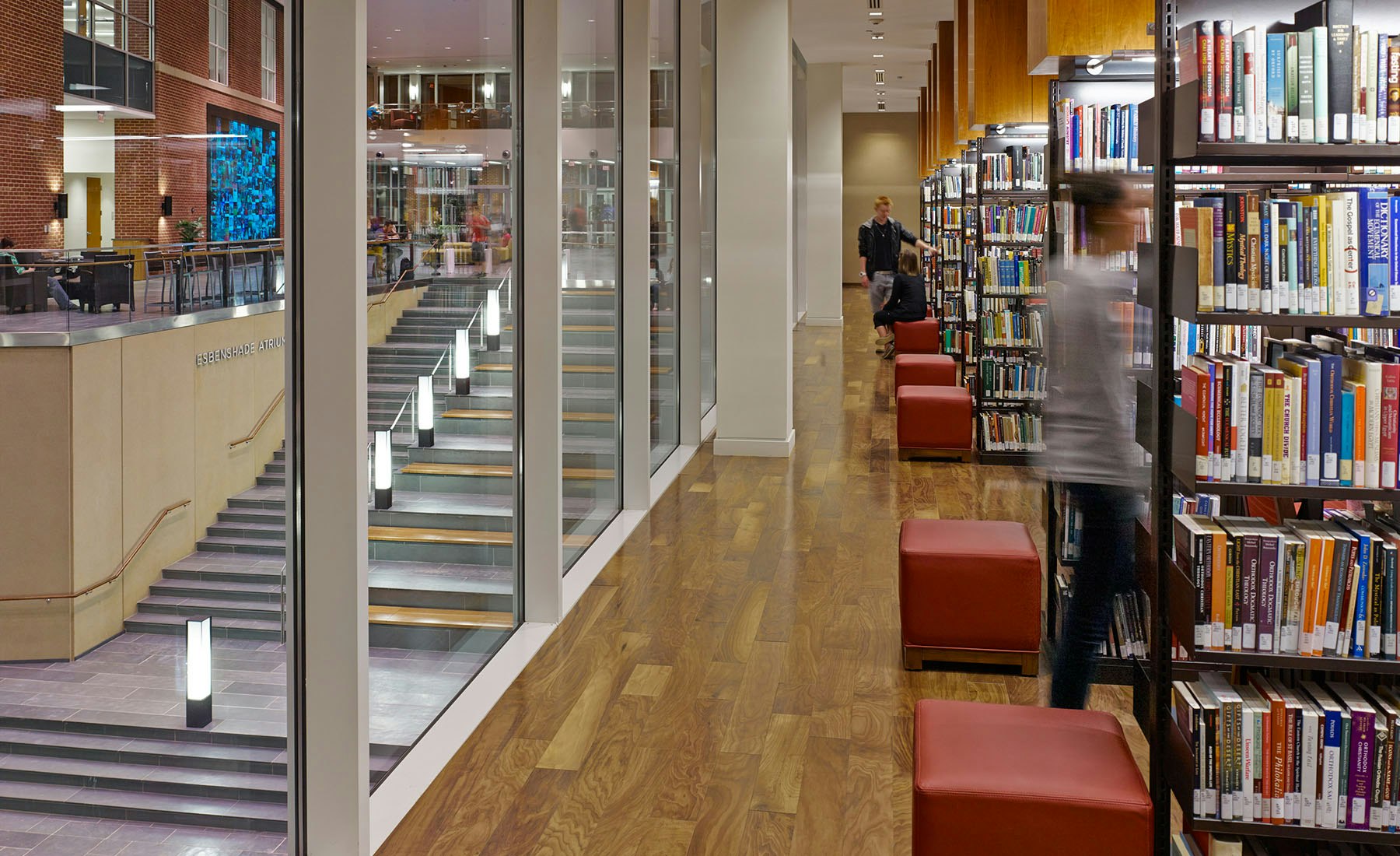 Compared to prototypical libraries of the past, Liberty’s new flagship library reverses the notion of book storage as the central motive of a library’s design in favor of a user-centric layout that places student activity in the foreground. 